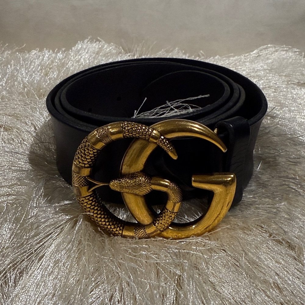 Black Leather Belt with Gold Buckle - Picture 2 of 8